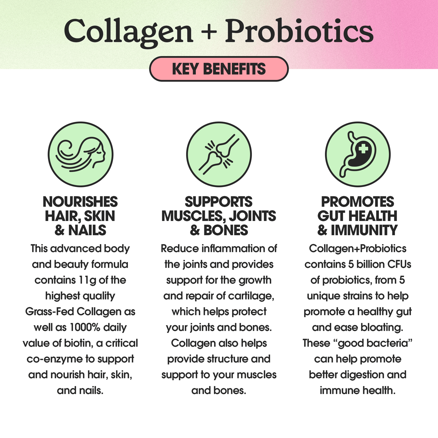 nourishes hair skin and nails supports muscles bones and joints promotes gut health and immunity