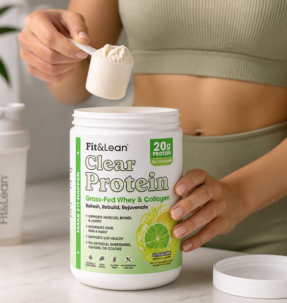Person scooping Fit and Lean Clear Protein