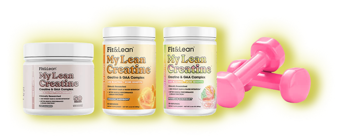 My Lean Creatine powder flavors with pink dumbbells